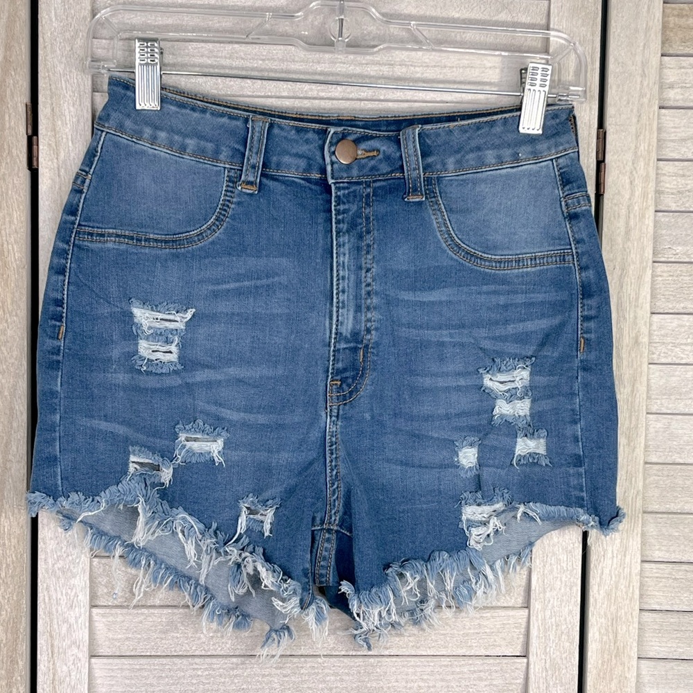 FASHION NOVA "Far Out" Distressed Stretch Denim Jean Shorts Blue-7